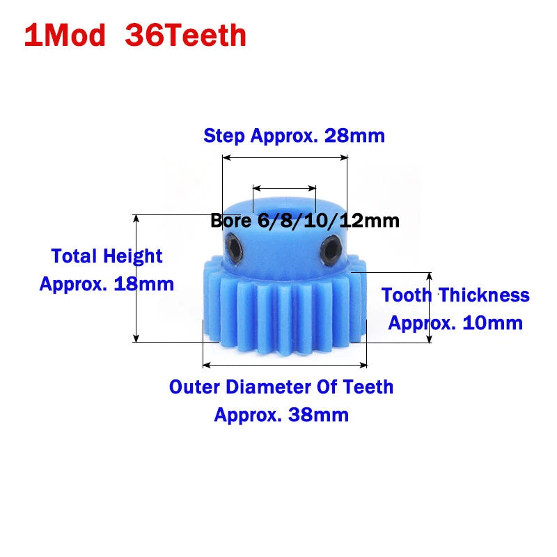 1 Mod Blue Nylon Spur Gear 16-50T Bore 4-20mm Pinion Gear Motor Gear With Step