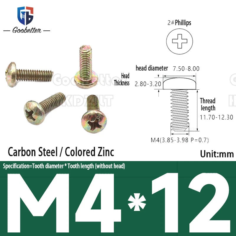 Pan Head Round Head Machine Screws Phillips Drive Bolts M3.5 M4 Carbon Steel