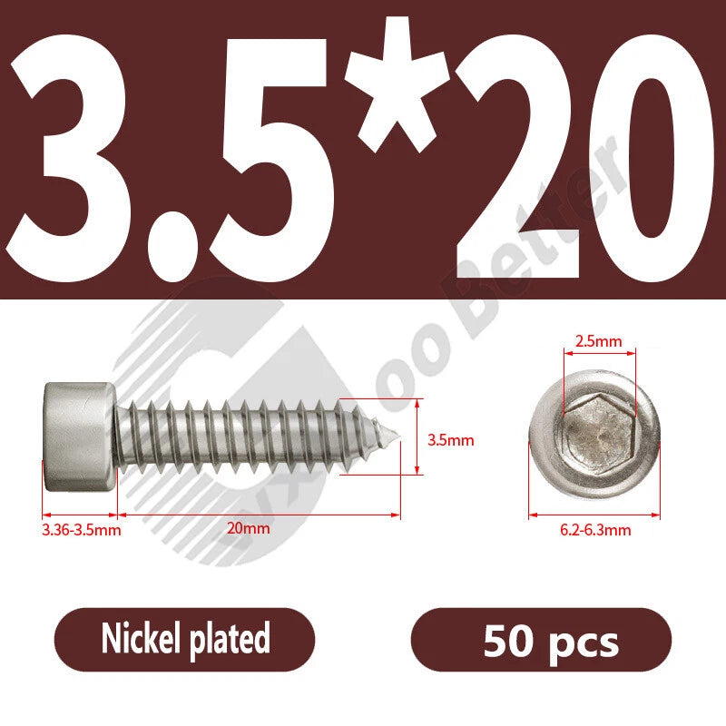 M1.7 M2 M2.3 M2.6 M3 M3.5 M4 M5 M6 Socket Head Self‑Tapping Screws – Alloy Steel, Nickel or Black Zinc