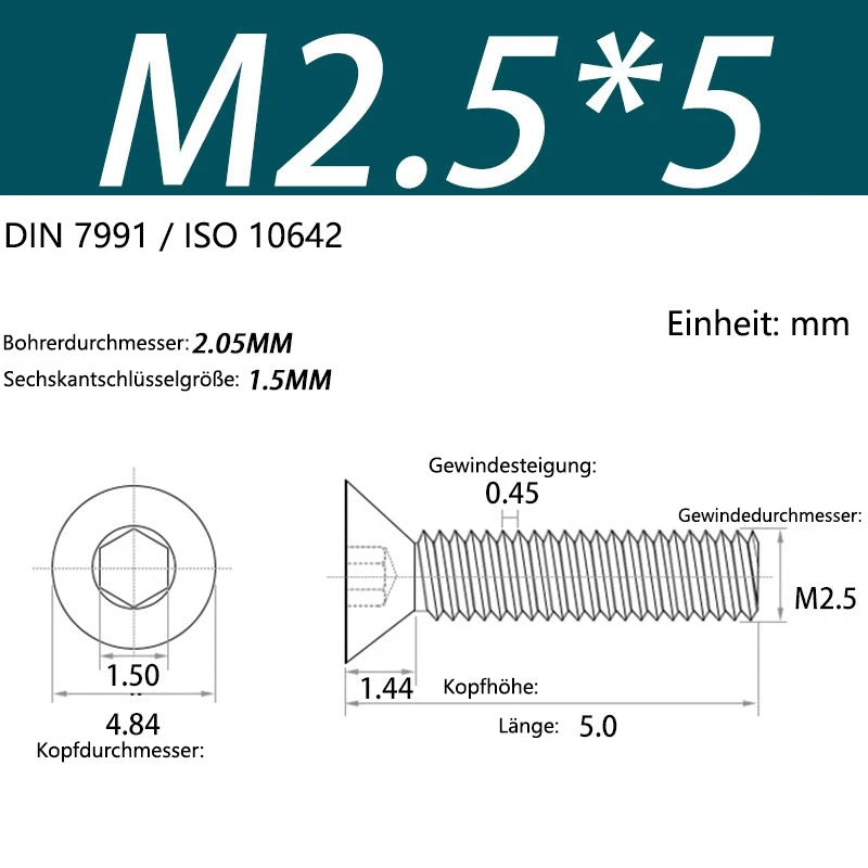 6063 Aluminium Allen Socket Countersunk Screws DIN 7991 — M2 to M8