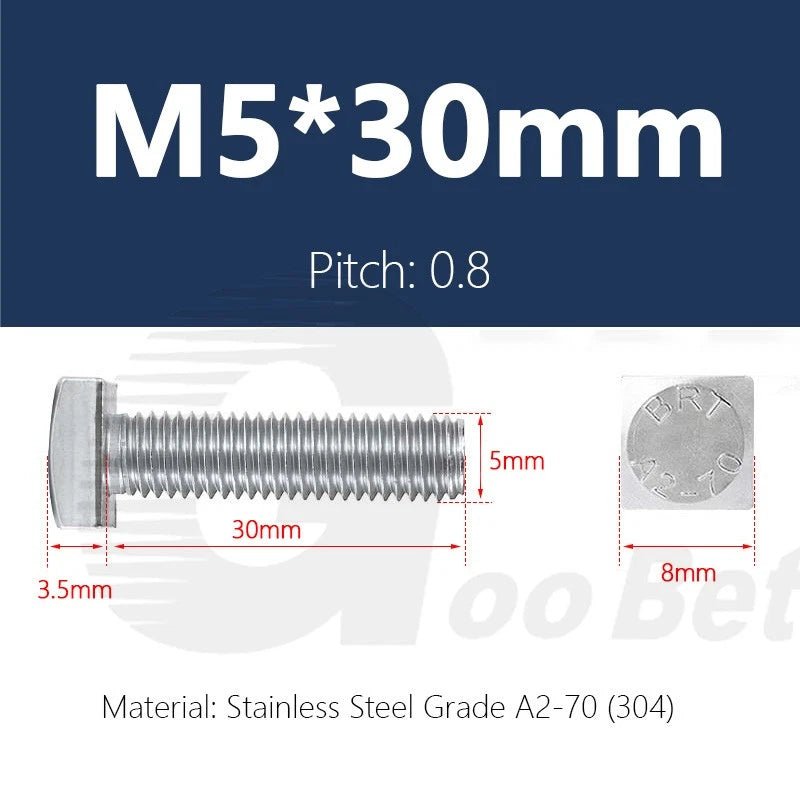 M5 T - Bolt Square Head Screws — Stainless Steel 304 (A2) for T - Slot Aluminum Extrusion Profiles - HomeDIYer