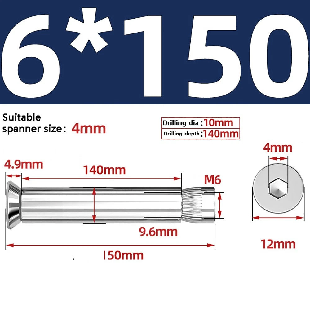 M6–M12 Countersunk Hex Socket Expansion Bolts — 304 & 201 Stainless Steel, A-Type & B-Type