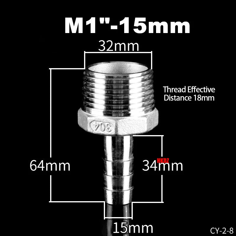 BSP Male Thread Barb Hose Tail Connector 304 Stainless Steel — 1" to 3"