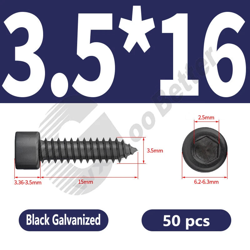 M1.7 M2 M2.3 M2.6 M3 M3.5 M4 M5 M6 Socket Head Self‑Tapping Screws – Alloy Steel, Nickel or Black Zinc