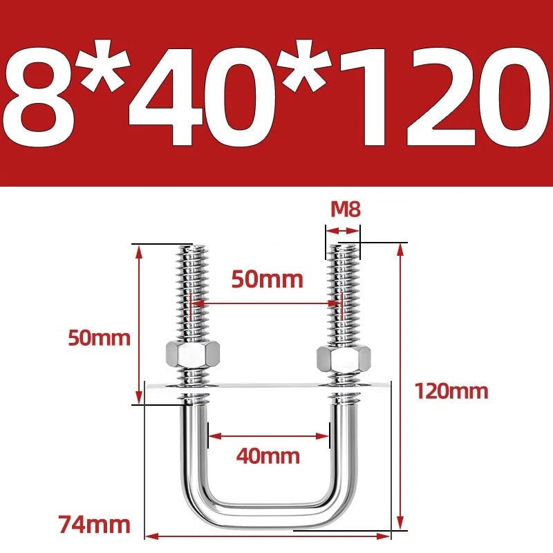 M8 Square U - Bolts Stainless Steel A2 with Plates and Nuts — Multiple Sizes - HomeDIYer