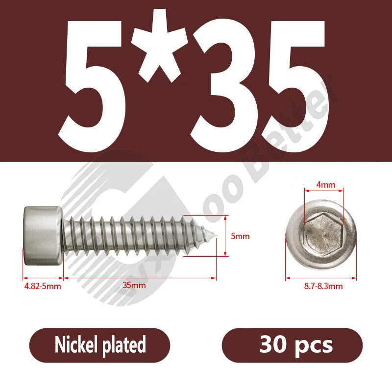 M1.7 M2 M2.3 M2.6 M3 M3.5 M4 M5 M6 Socket Head Self‑Tapping Screws – Alloy Steel, Nickel or Black Zinc