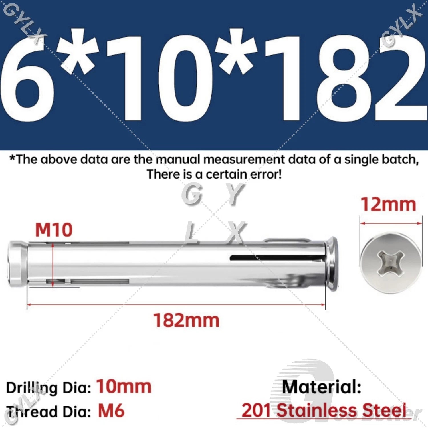 M6 Countersunk Sleeve Anchor Expansion Bolts — 304 / 201 Stainless Steel, Cross Drive