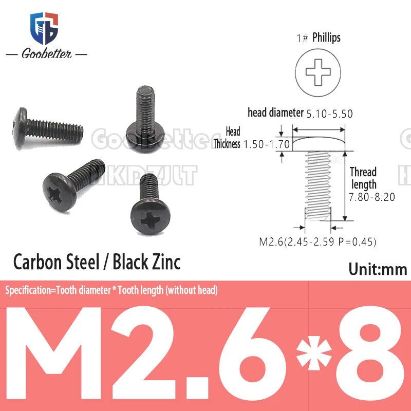 Round Head Machine Screws M2 M2.5 M2.6 | Carbon Steel & Stainless | 100–500 PCS - HomeDIYer