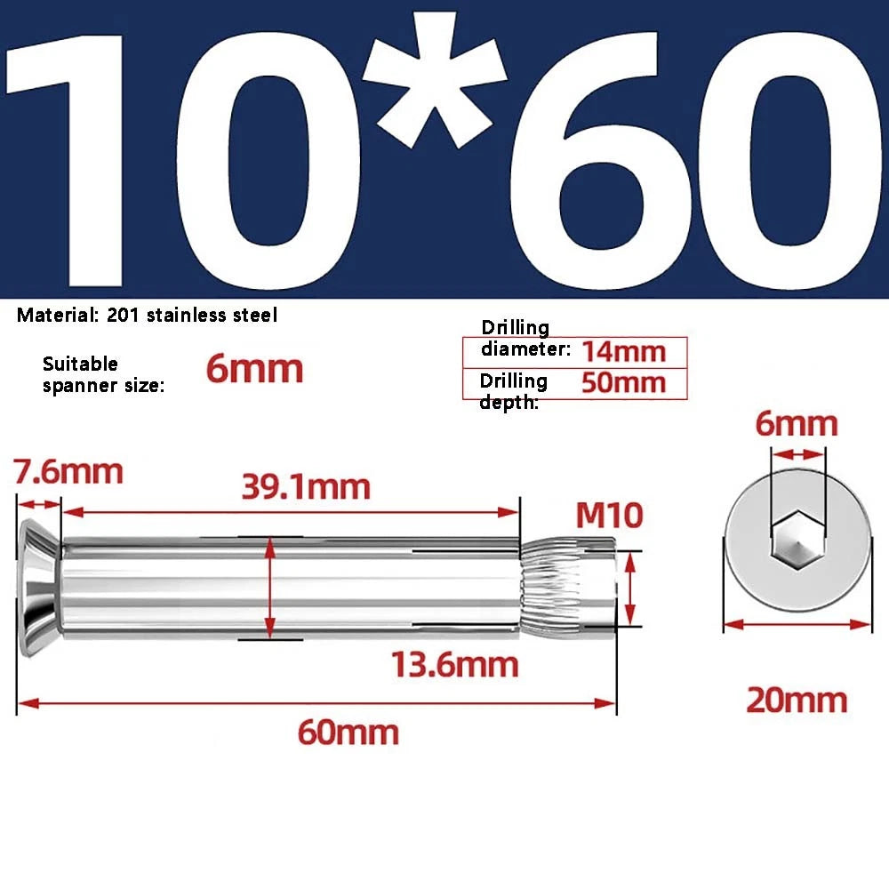 M6–M12 Countersunk Expansion Bolts | 201 Stainless Steel Hex Socket Sleeve Anchors