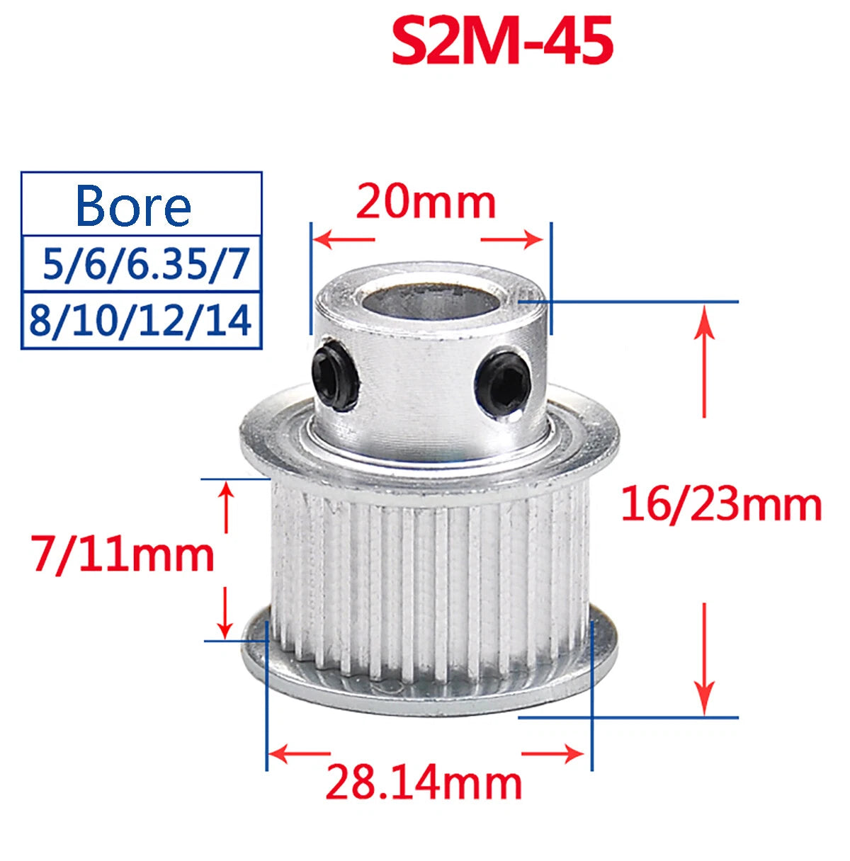 S2M Timing Belt Pulley With Step 16T-60T Bore 4-15mm For 6/10mm Wide Timing Belt
