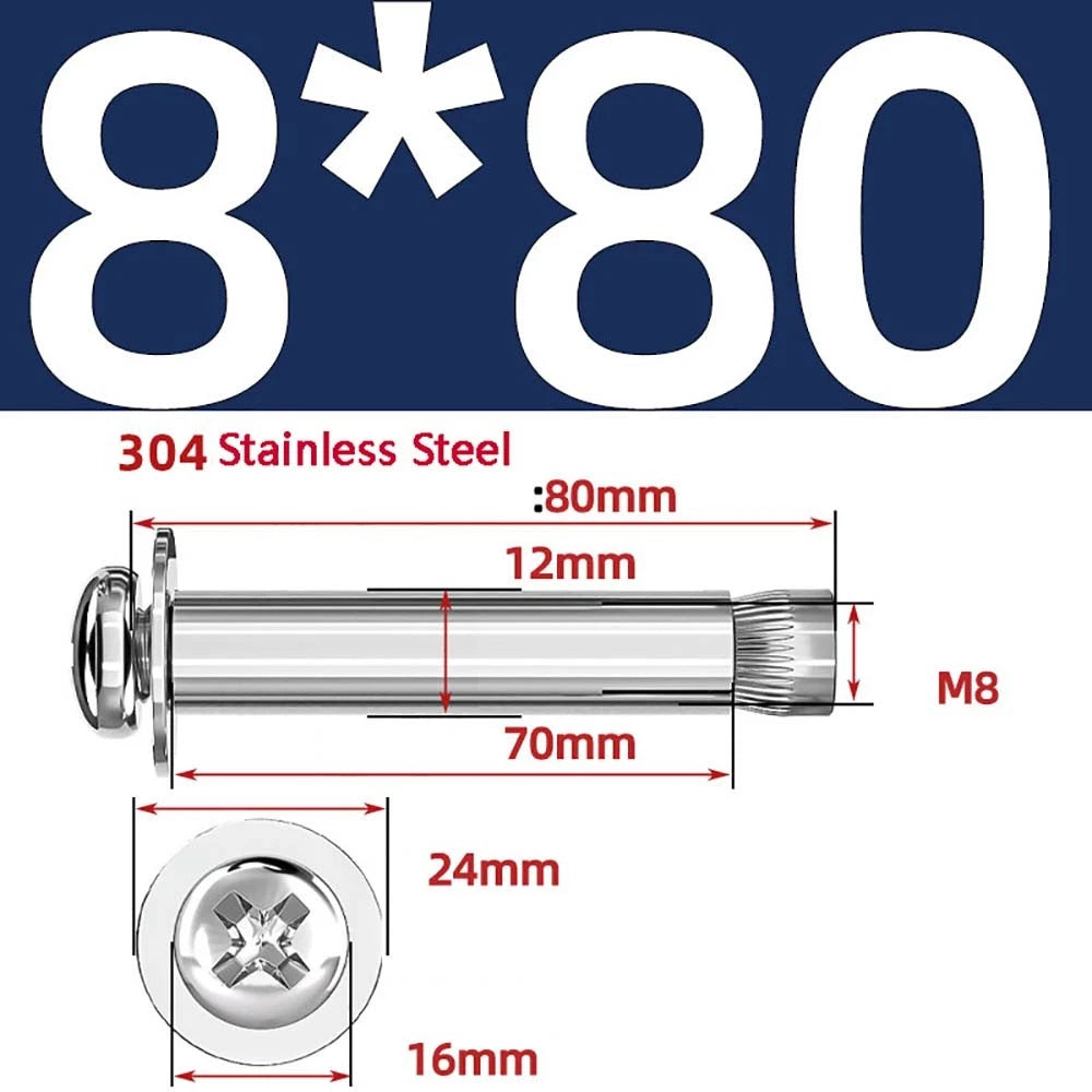 M6 M8 M10 Stainless Steel Expansion Screws — Round Head Phillips Drive, 40–100mm