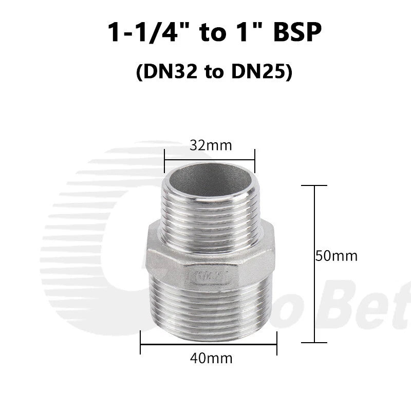 304 Stainless Steel Reducing Hex Nipple BSP Male Thread Pipe Fitting | 1/8" to 2"