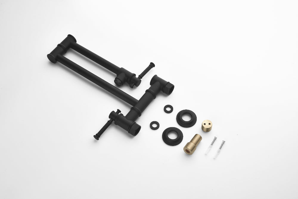Wall Mounted Pot Filler Faucet – Matte Black, Two-Attachment Folding Swing Arm, Dual Handle, Solid Brass