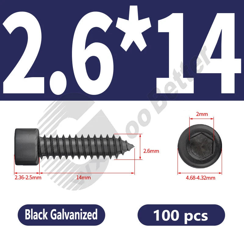 M1.7 M2 M2.3 M2.6 M3 M3.5 M4 M5 M6 Socket Head Self‑Tapping Screws – Alloy Steel, Nickel or Black Zinc