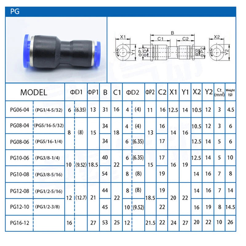 Pneumatic Push-to-Connect Fittings — Nylon Air Hose Tube Connectors, 22 Types