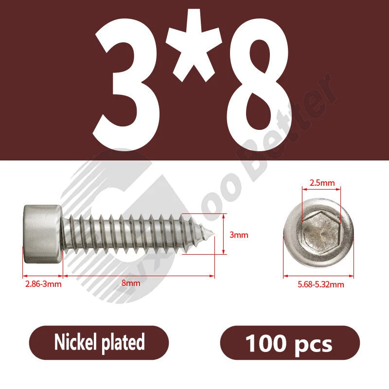 M1.7 M2 M2.3 M2.6 M3 M3.5 M4 M5 M6 Socket Head Self‑Tapping Screws – Alloy Steel, Nickel or Black Zinc