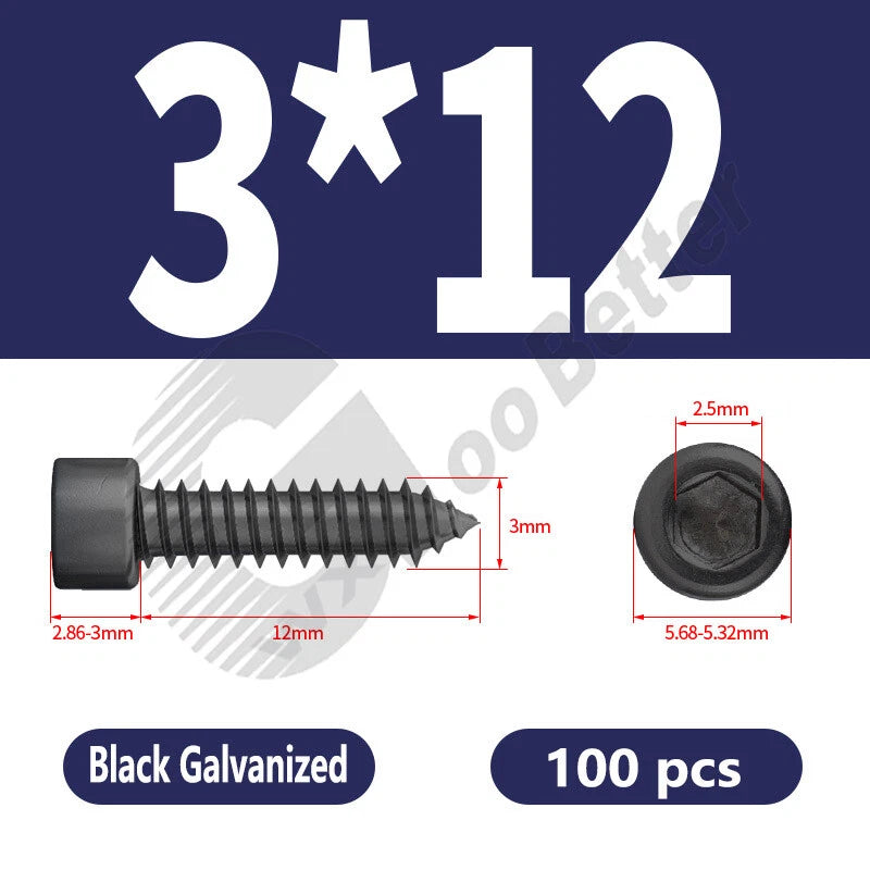 M1.7 M2 M2.3 M2.6 M3 M3.5 M4 M5 M6 Socket Head Self‑Tapping Screws – Alloy Steel, Nickel or Black Zinc