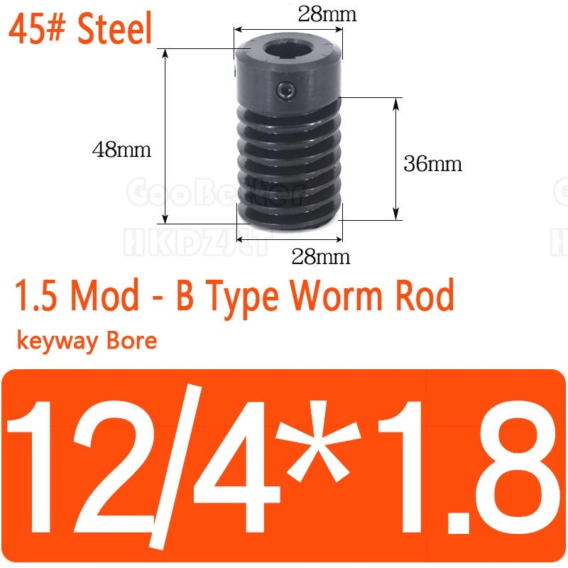 Mod 1.5 Worm Gear Wheel Brass 22 Tooth Worm Shaft Steel C45 Bore 8 mm - 15 mm