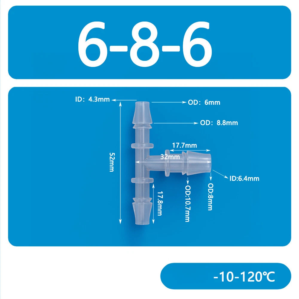 Plastic T-Type Barb Reducing Hose Fitting | 3-Way Tube Connector 1.6mm–14mm