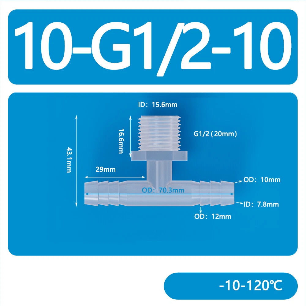 Plastic Male Thread 3-Way Hose Barb Connector — BSP & Metric, Equal Diameter