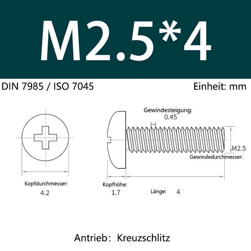 6063 Aluminium Phillips Pan Head Machine Screws DIN 7985 — M1.7 to M6 Metric