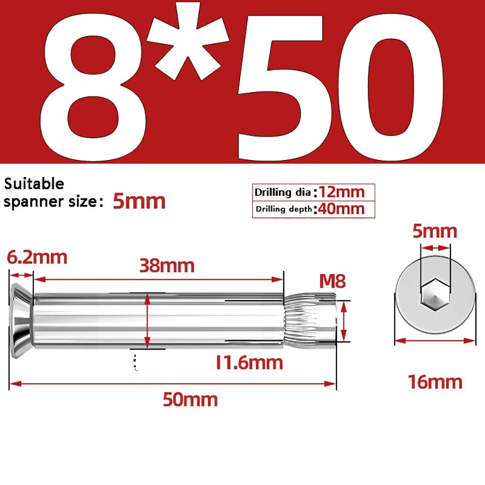 M6–M12 Countersunk Hex Socket Expansion Bolts — 304 & 201 Stainless Steel, A-Type & B-Type