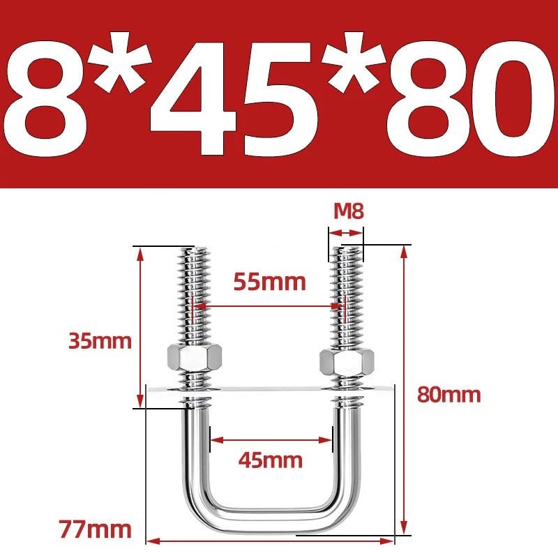 M8 Square U - Bolts Stainless Steel A2 with Plates and Nuts — Multiple Sizes - HomeDIYer