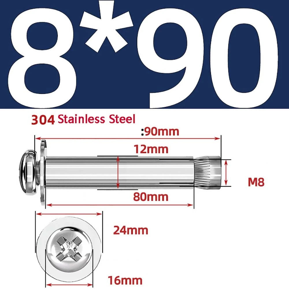 M6 M8 M10 Stainless Steel Expansion Screws — Round Head Phillips Drive, 40–100mm