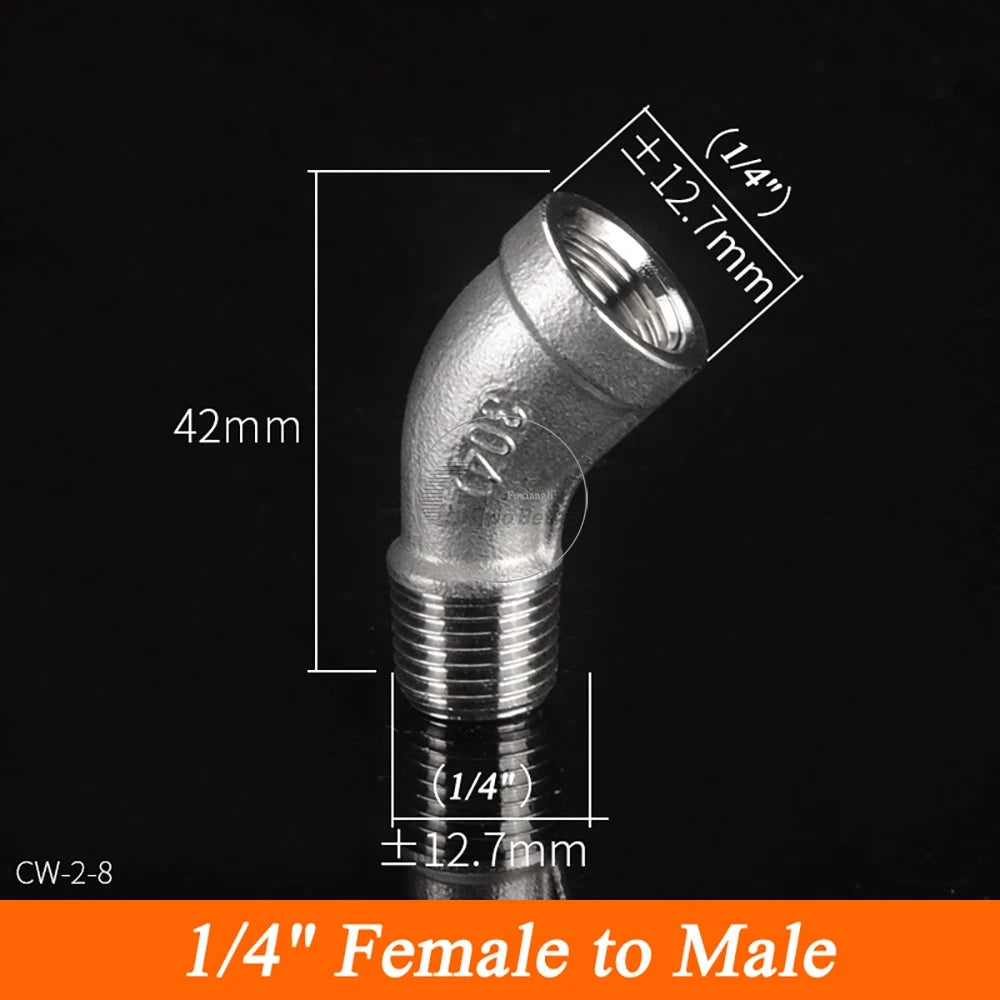 45° BSPT Threaded Elbow Pipe Fittings — A2 Stainless Steel, 1/8" to 4", Female & Female-to-Male