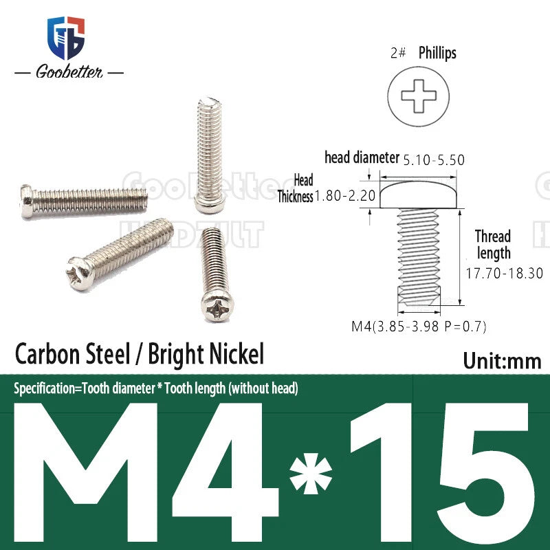 Pan Head Round Head Machine Screws Phillips Drive Bolts M3.5 M4 Carbon Steel