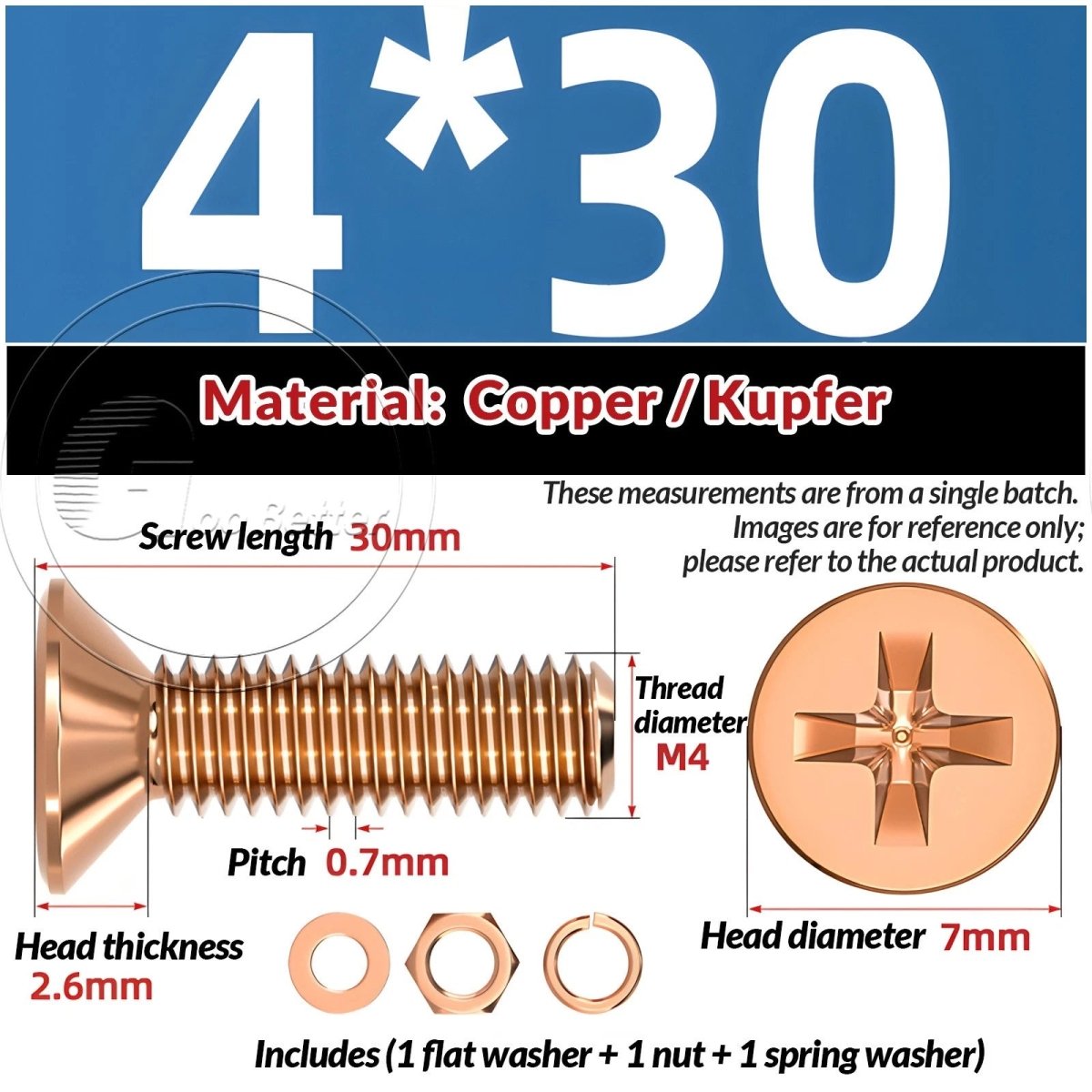 T2 Copper Pozi Countersunk Machine Screws with Flat Washer & Nut | M3–M10 - HomeDIYer