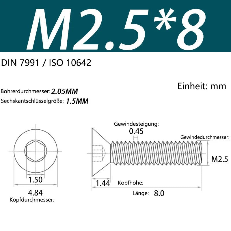 6063 Aluminium Allen Socket Countersunk Screws DIN 7991 — M2 to M8