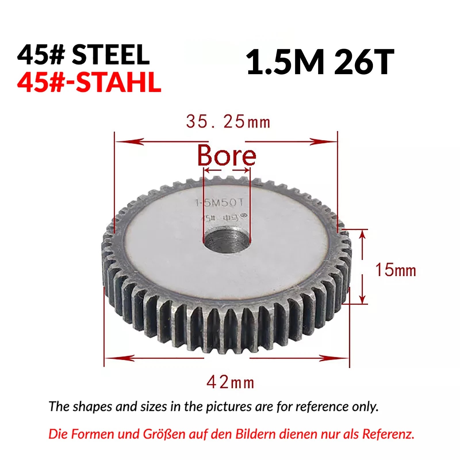 1.5 Mod 12/13/14/15/16/17/18/20-120T 45# Spur Gear Thickn 15mm Transmission Gear