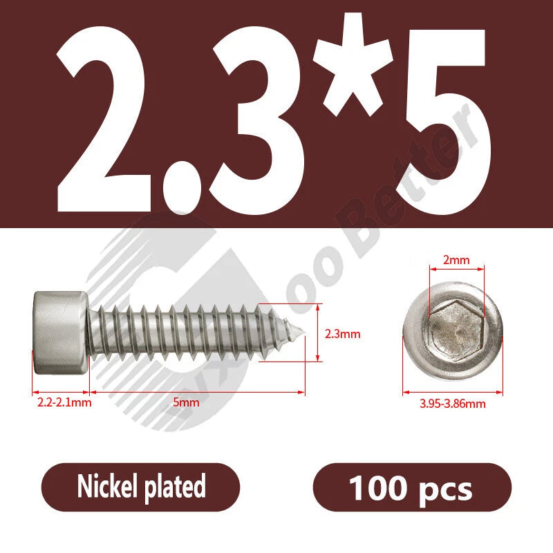 M1.7 M2 M2.3 M2.6 M3 M3.5 M4 M5 M6 Socket Head Self‑Tapping Screws – Alloy Steel, Nickel or Black Zinc