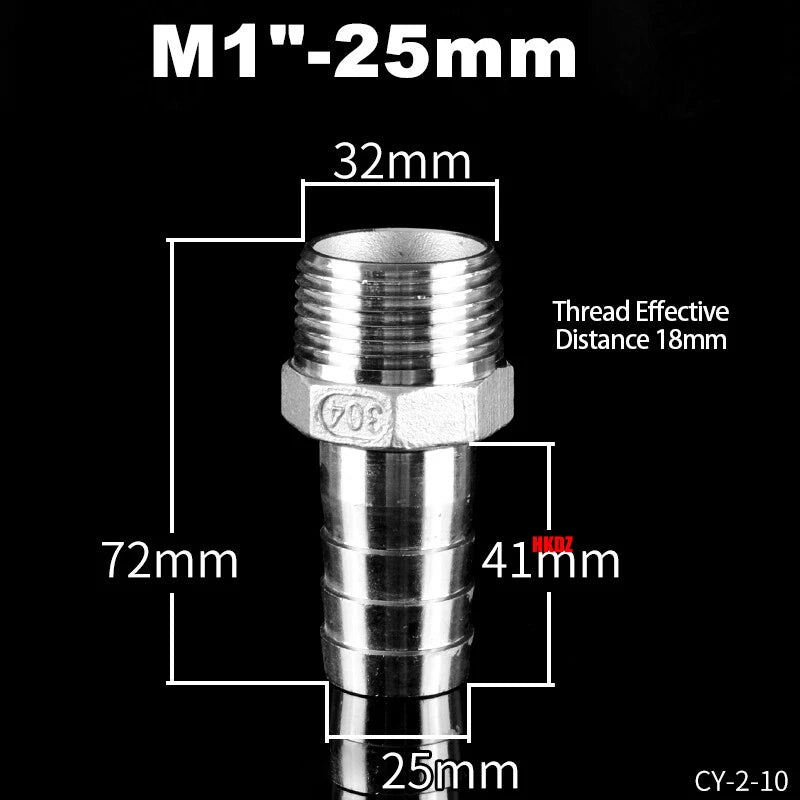BSP Male Thread Barb Hose Tail Connector 304 Stainless Steel — 1" to 3"
