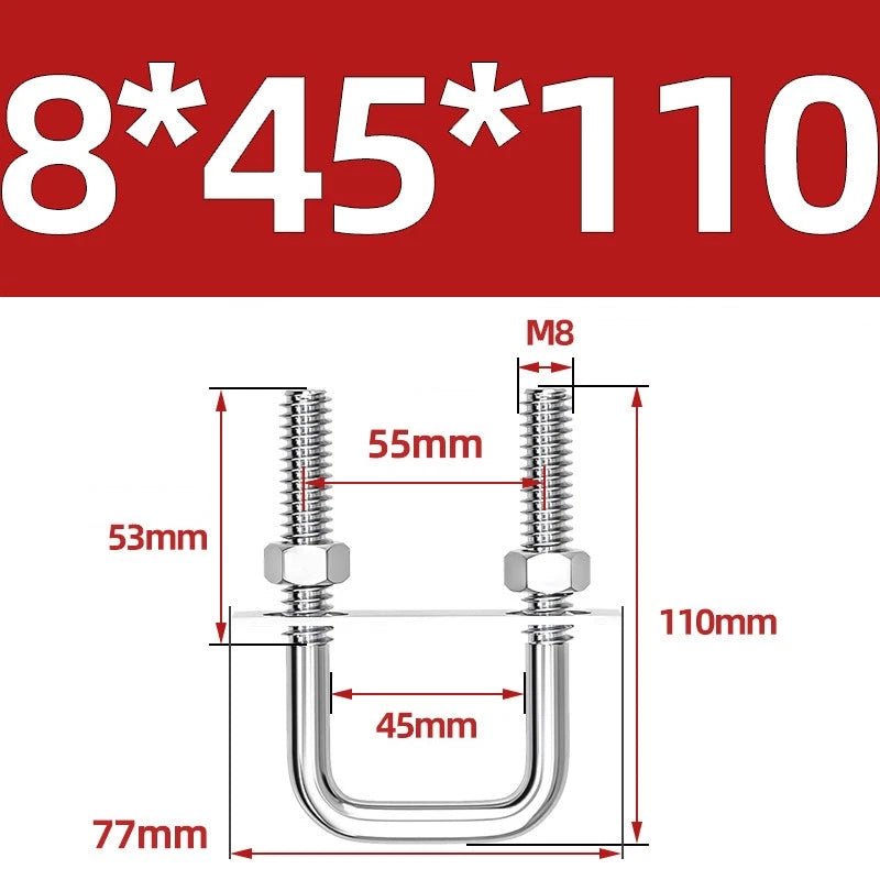 M8 Square U - Bolts Stainless Steel A2 with Plates and Nuts — Multiple Sizes - HomeDIYer