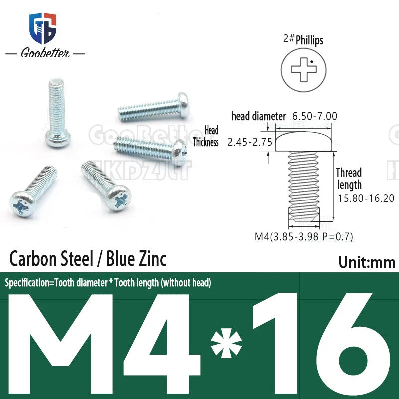 Pan Head Round Head Machine Screws Phillips Drive Bolts M3.5 M4 Carbon Steel