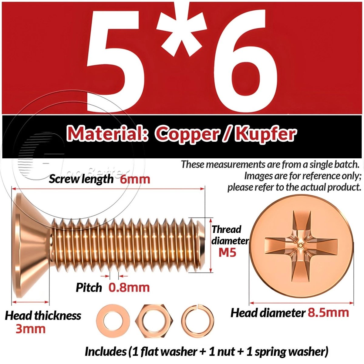 T2 Copper Pozi Countersunk Machine Screws with Flat Washer & Nut | M3–M10 - HomeDIYer