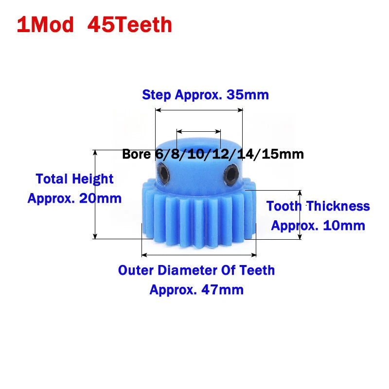 1 Mod Blue Nylon Spur Gear 16-50T Bore 4-20mm Pinion Gear Motor Gear With Step