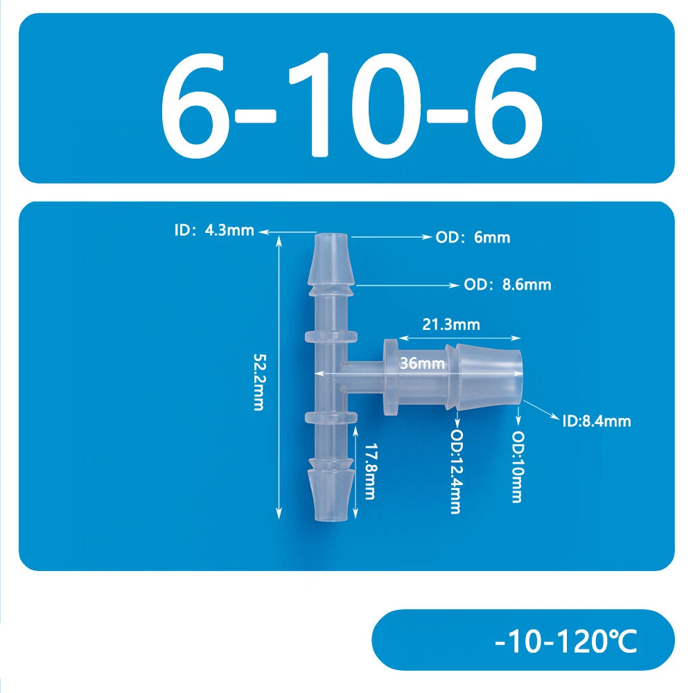 Plastic T-Type Barb Reducing Hose Fitting | 3-Way Tube Connector 1.6mm–14mm