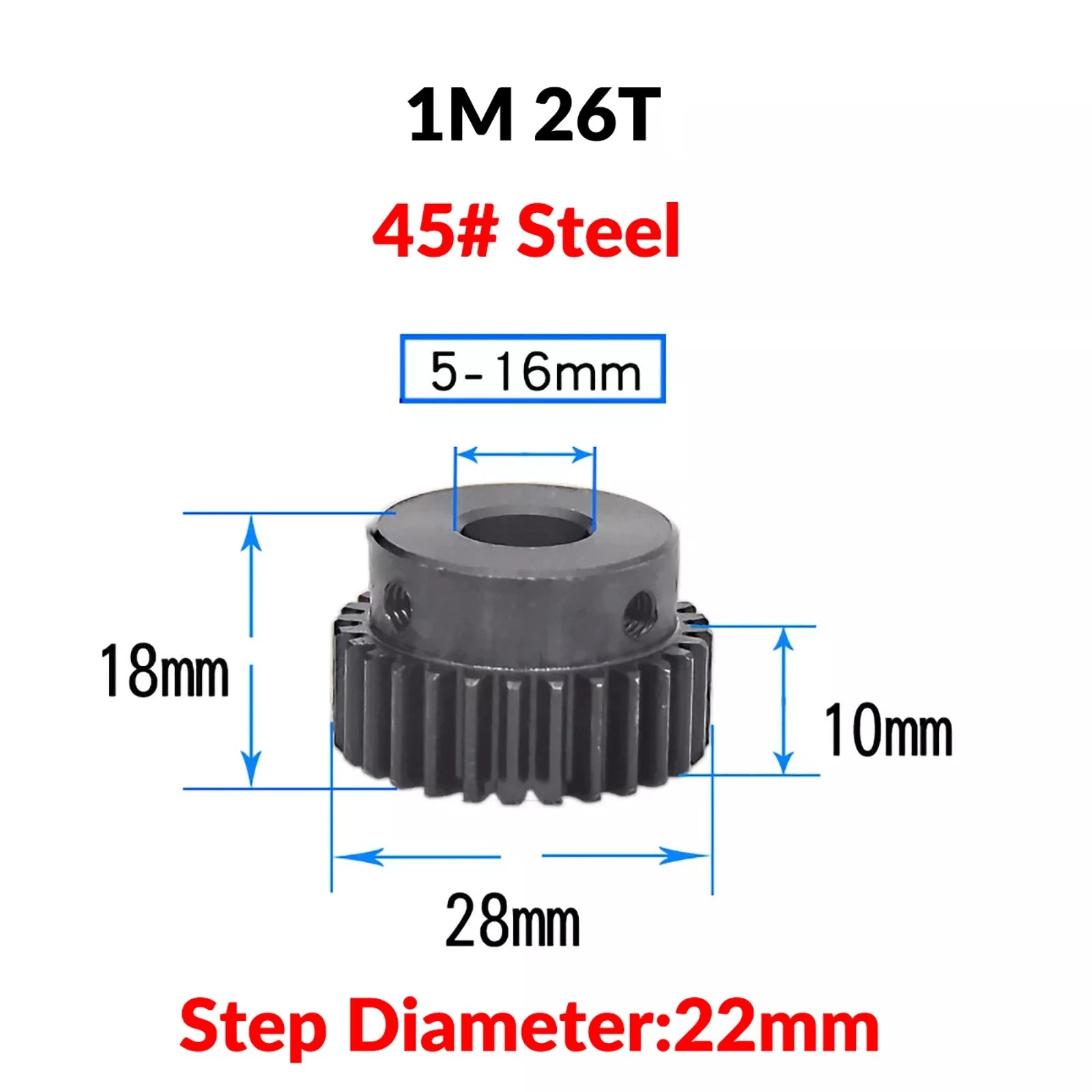 Mod 1 45# Steel Pinion Gear Spur Gears 10-60 T 14-50mm Bore With Step Motor Gear