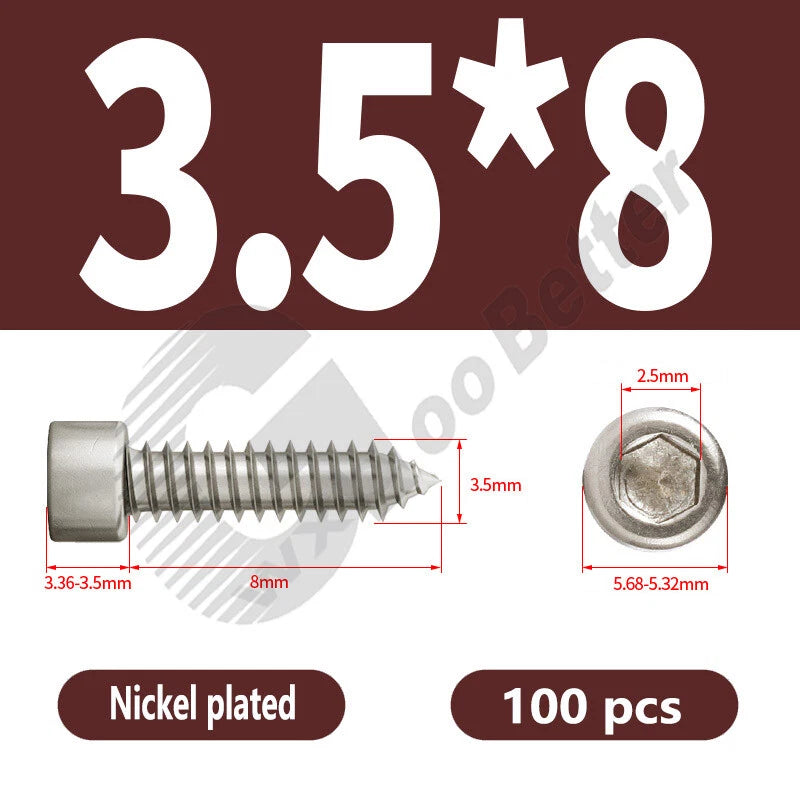 M1.7 M2 M2.3 M2.6 M3 M3.5 M4 M5 M6 Socket Head Self‑Tapping Screws – Alloy Steel, Nickel or Black Zinc