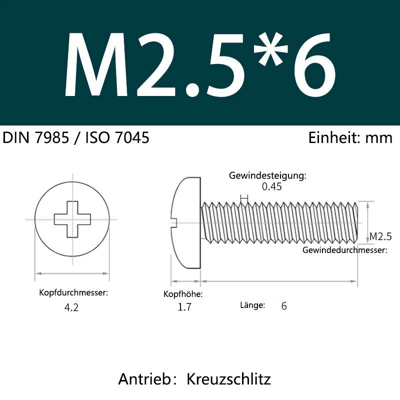 6063 Aluminium Phillips Pan Head Machine Screws DIN 7985 — M1.7 to M6 Metric