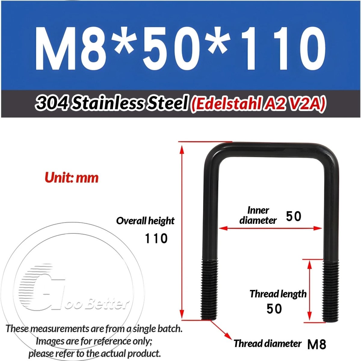 Black Square U - Bolts 304 Stainless Steel Fixing Clamp — M6 M8 M10 - HomeDIYer