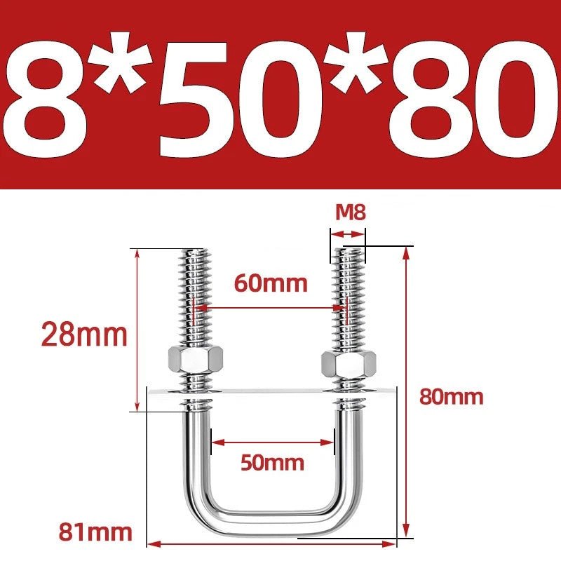 M8 Square U - Bolts Stainless Steel A2 with Plates and Nuts — Multiple Sizes - HomeDIYer