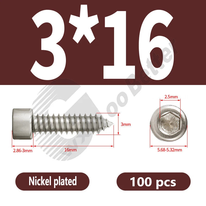 M1.7 M2 M2.3 M2.6 M3 M3.5 M4 M5 M6 Socket Head Self‑Tapping Screws – Alloy Steel, Nickel or Black Zinc