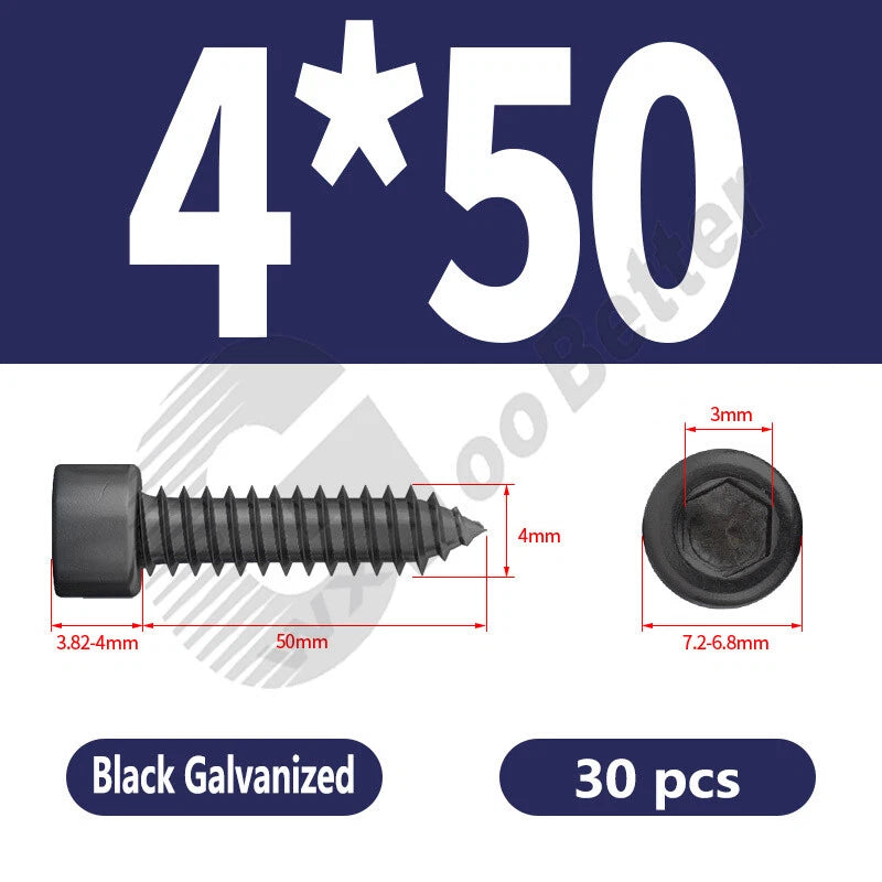 M1.7 M2 M2.3 M2.6 M3 M3.5 M4 M5 M6 Socket Head Self‑Tapping Screws – Alloy Steel, Nickel or Black Zinc