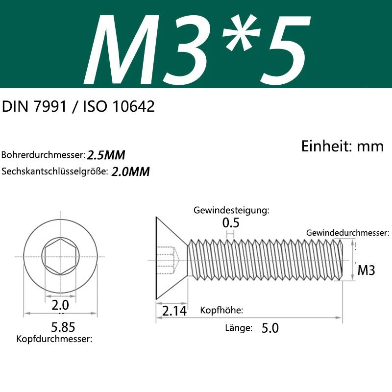 6063 Aluminium Allen Socket Countersunk Screws DIN 7991 — M2 to M8