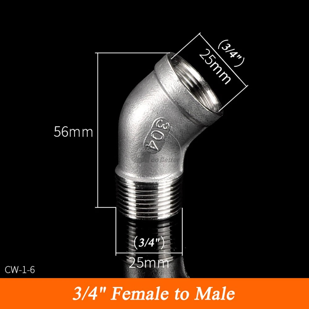 45° BSPT Threaded Elbow Pipe Fittings — A2 Stainless Steel, 1/8" to 4", Female & Female-to-Male