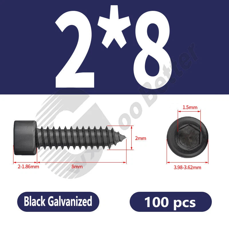 M1.7 M2 M2.3 M2.6 M3 M3.5 M4 M5 M6 Socket Head Self‑Tapping Screws – Alloy Steel, Nickel or Black Zinc